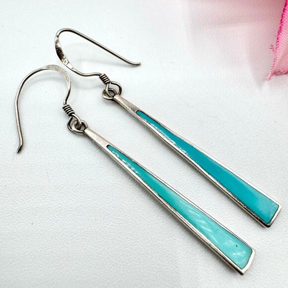 Artisan Jewelry - 925 Sterling Silver Turquoise Inlay Long Dangle Earrings Southwest Tribal Native